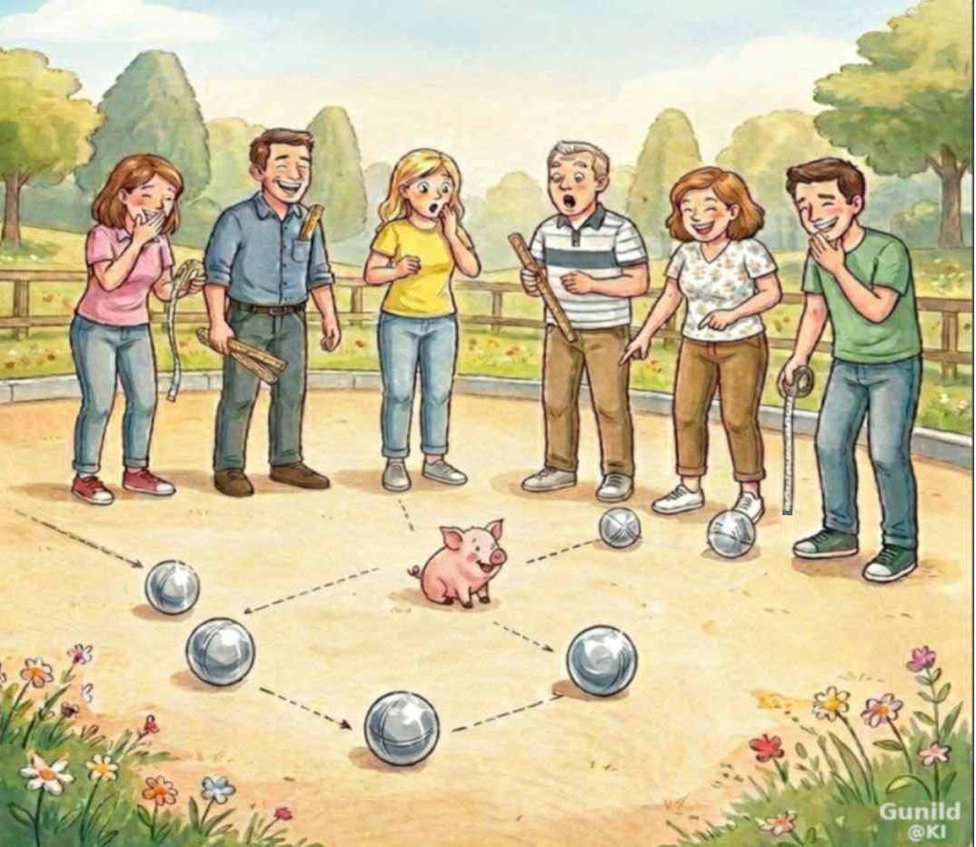 eine Gruppe von Boulespielern betrachtet ihre geworfenen Kugeln. Die Zielkugel ist als ein kleines, lebendiges Schweinchen gemalt.